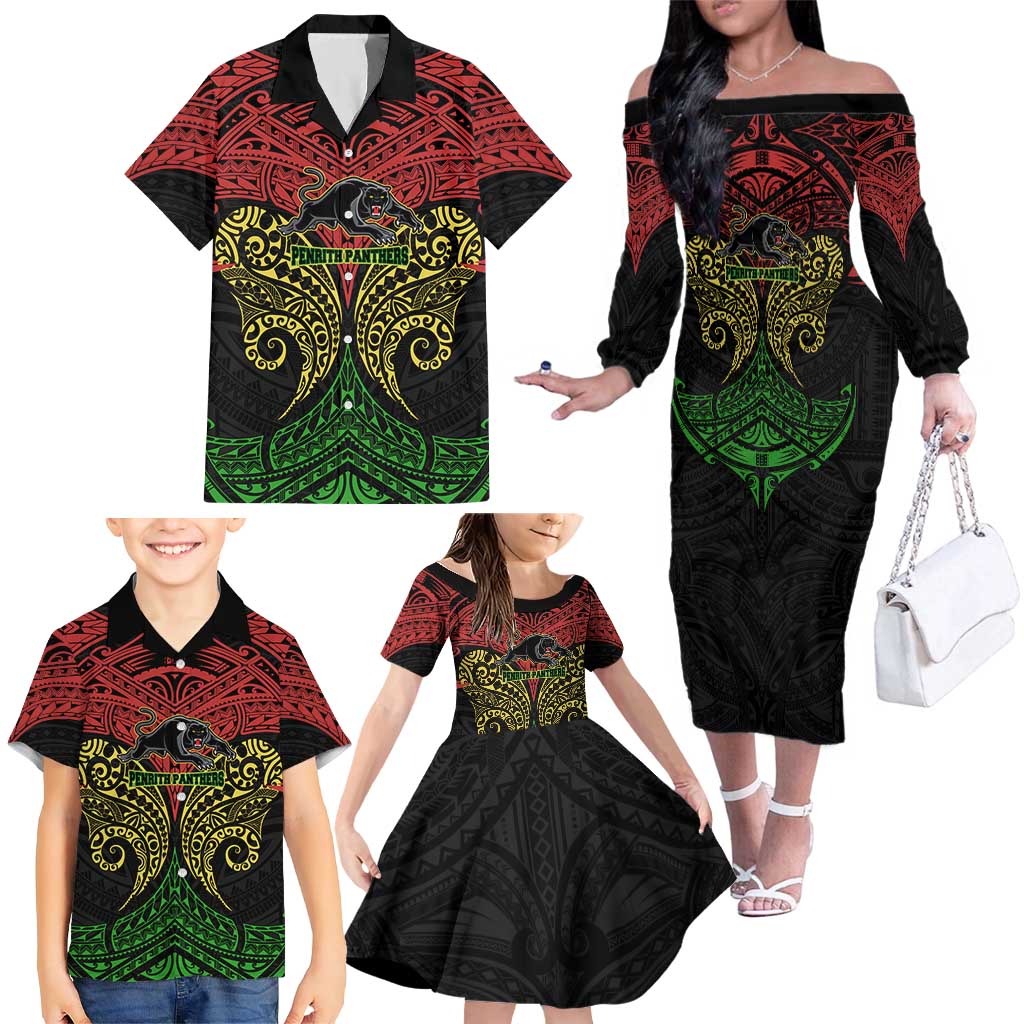 Personalized Penrith Panthers Family Matching Off The Shoulder Long Sleeve Dress and Hawaiian Shirt Polynesian Tribal Pattern Style