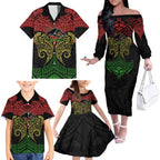 Personalized Penrith Panthers Family Matching Off The Shoulder Long Sleeve Dress and Hawaiian Shirt Polynesian Tribal Pattern Style
