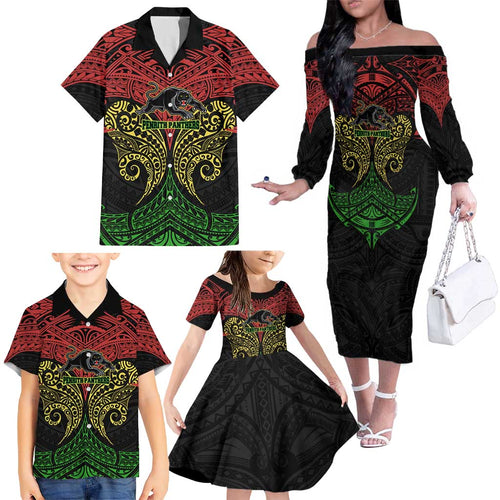 Personalized Penrith Panthers Family Matching Off The Shoulder Long Sleeve Dress and Hawaiian Shirt Polynesian Tribal Pattern Style