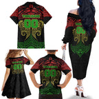 Personalized Penrith Panthers Family Matching Off The Shoulder Long Sleeve Dress and Hawaiian Shirt Polynesian Tribal Pattern Style