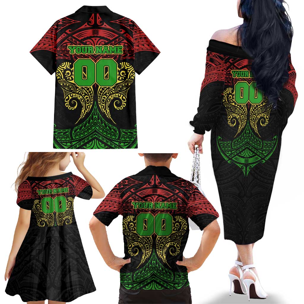 Personalized Penrith Panthers Family Matching Off The Shoulder Long Sleeve Dress and Hawaiian Shirt Polynesian Tribal Pattern Style