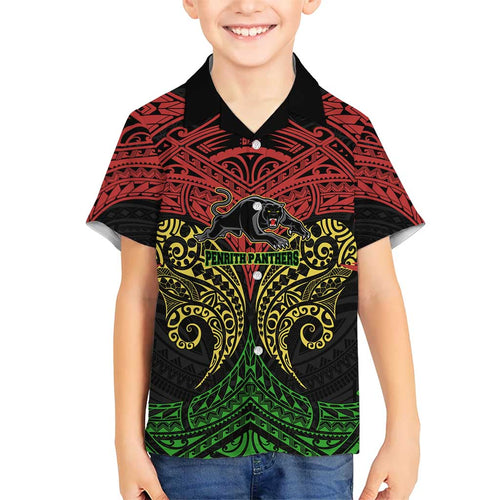 Personalized Penrith Panthers Family Matching Off The Shoulder Long Sleeve Dress and Hawaiian Shirt Polynesian Tribal Pattern Style