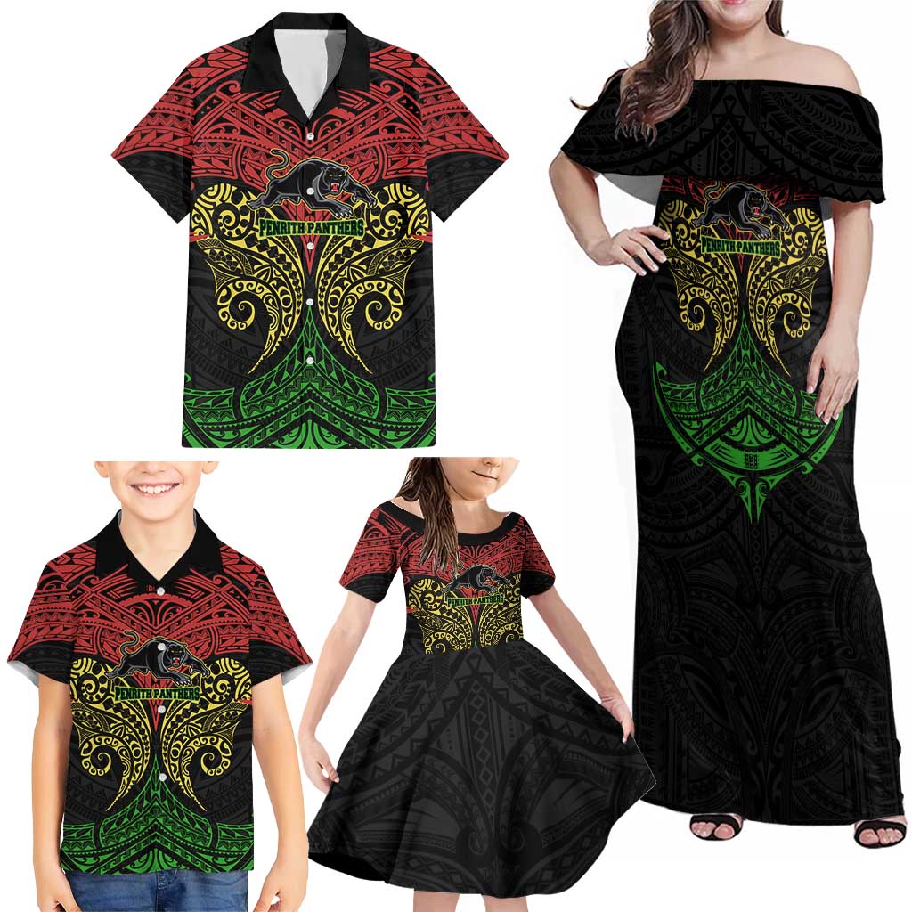 Personalized Penrith Panthers Family Matching Off Shoulder Maxi Dress and Hawaiian Shirt Polynesian Tribal Pattern Style
