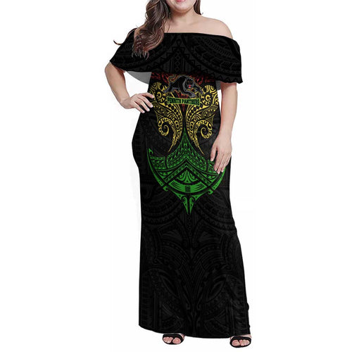 Personalized Penrith Panthers Family Matching Off Shoulder Maxi Dress and Hawaiian Shirt Polynesian Tribal Pattern Style