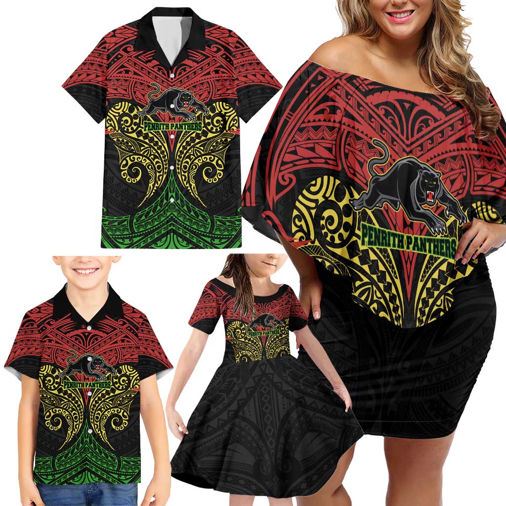 Personalized Penrith Panthers Family Matching Off Shoulder Short Dress and Hawaiian Shirt Polynesian Tribal Pattern Style