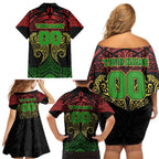 Personalized Penrith Panthers Family Matching Off Shoulder Short Dress and Hawaiian Shirt Polynesian Tribal Pattern Style