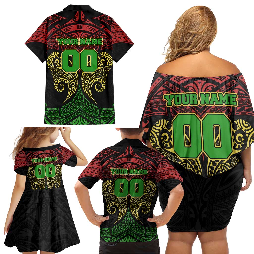Personalized Penrith Panthers Family Matching Off Shoulder Short Dress and Hawaiian Shirt Polynesian Tribal Pattern Style
