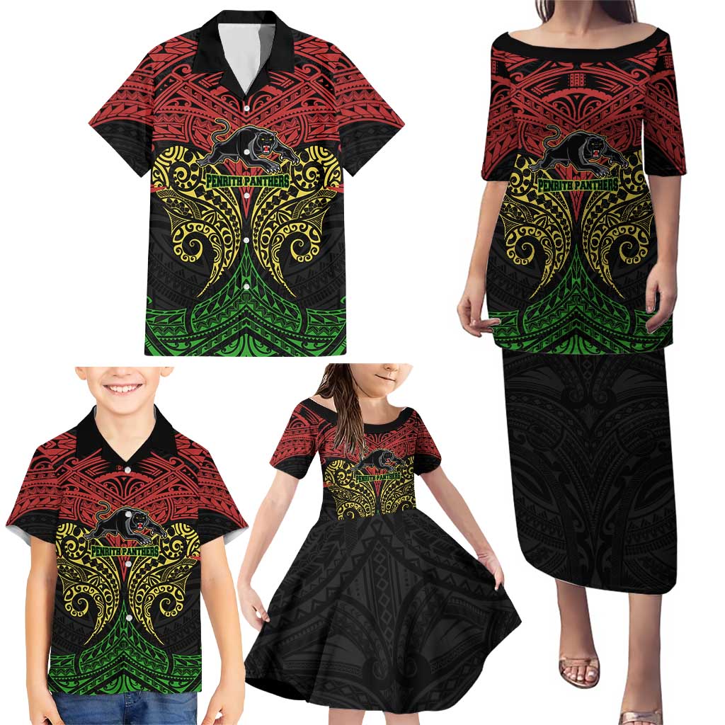 Personalized Penrith Panthers Family Matching Puletasi and Hawaiian Shirt Polynesian Tribal Pattern Style