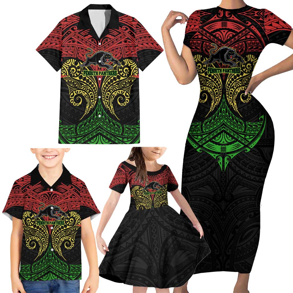 Personalized Penrith Panthers Family Matching Short Sleeve Bodycon Dress and Hawaiian Shirt Polynesian Tribal Pattern Style