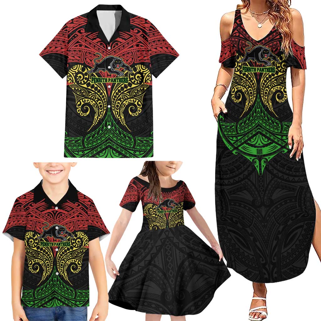 Personalized Penrith Panthers Family Matching Summer Maxi Dress and Hawaiian Shirt Polynesian Tribal Pattern Style