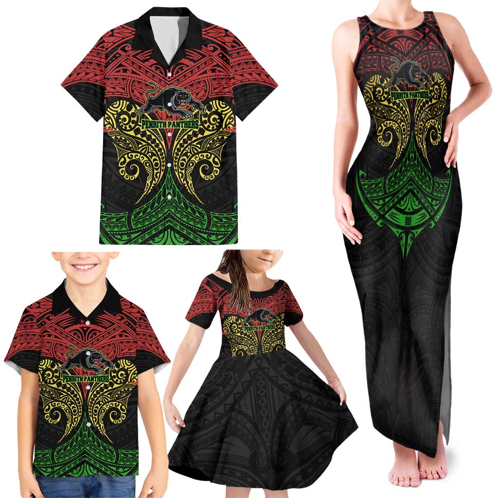 Personalized Penrith Panthers Family Matching Tank Maxi Dress and Hawaiian Shirt Polynesian Tribal Pattern Style