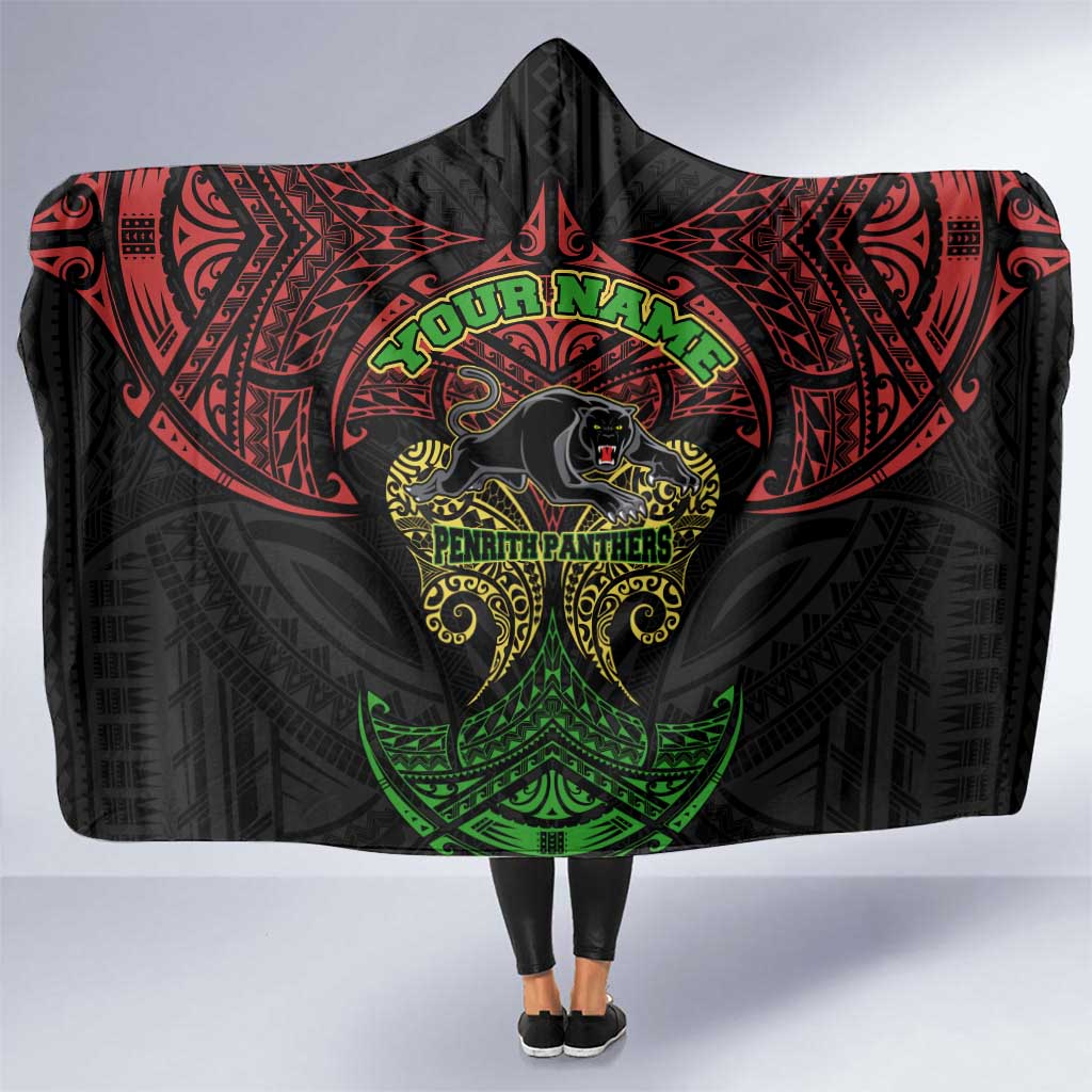 Personalized Penrith Panthers Hooded Blanket Polynesian Tribal Pattern Style