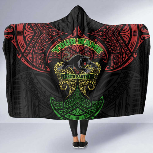 Personalized Penrith Panthers Hooded Blanket Polynesian Tribal Pattern Style