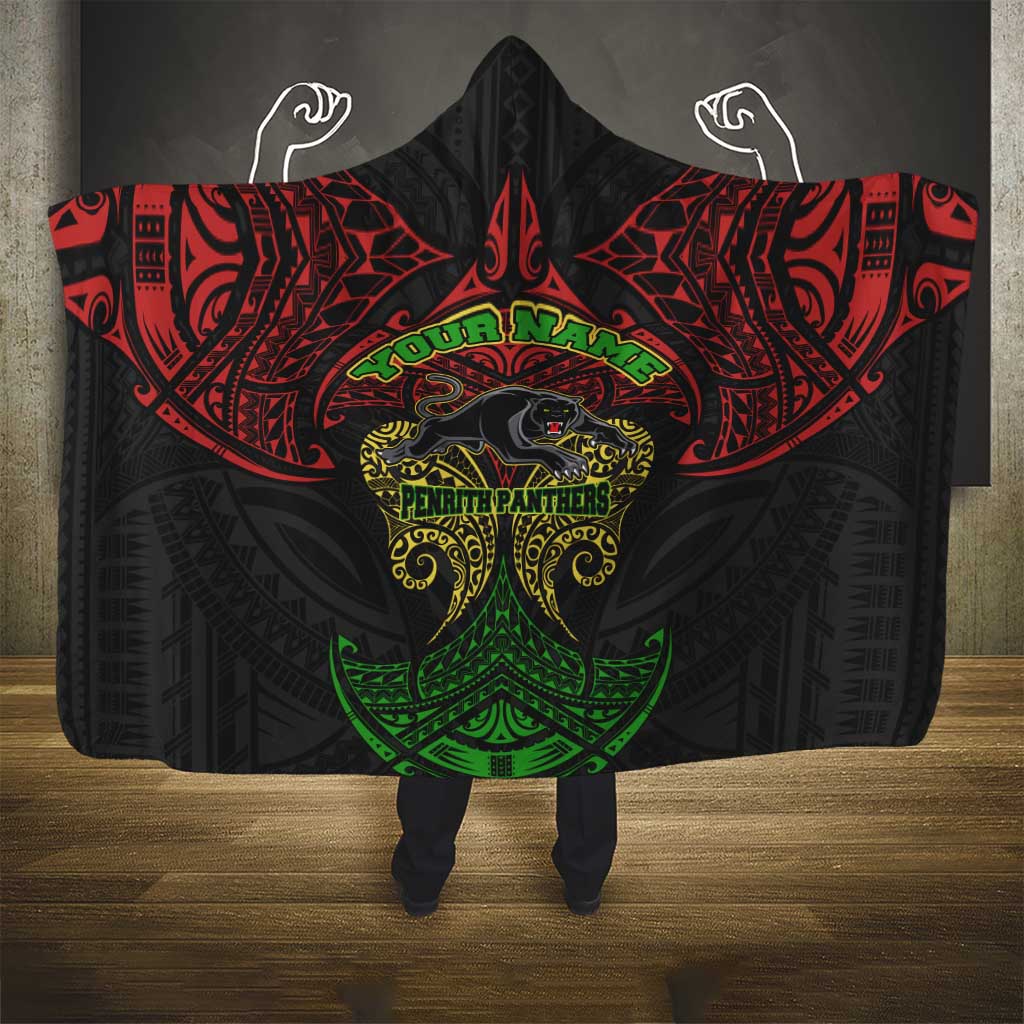 Personalized Penrith Panthers Hooded Blanket Polynesian Tribal Pattern Style