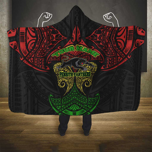 Personalized Penrith Panthers Hooded Blanket Polynesian Tribal Pattern Style