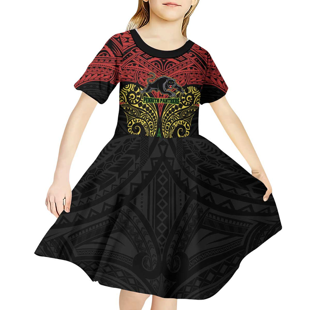 Personalized Penrith Panthers Kid Short Sleeve Dress Polynesian Tribal Pattern Style