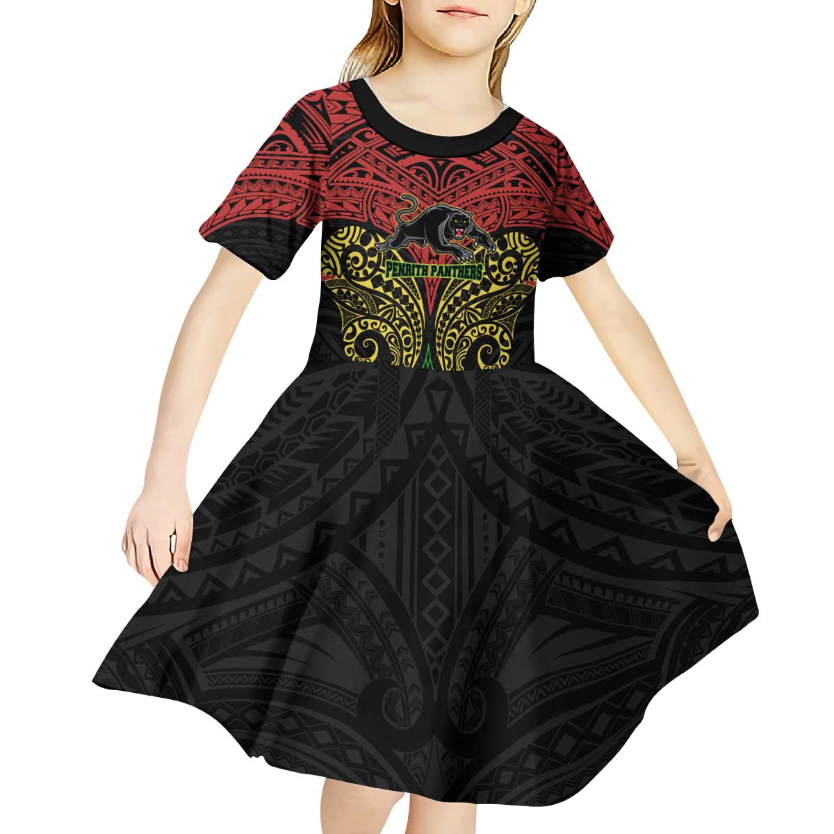 Personalized Penrith Panthers Kid Short Sleeve Dress Polynesian Tribal Pattern Style