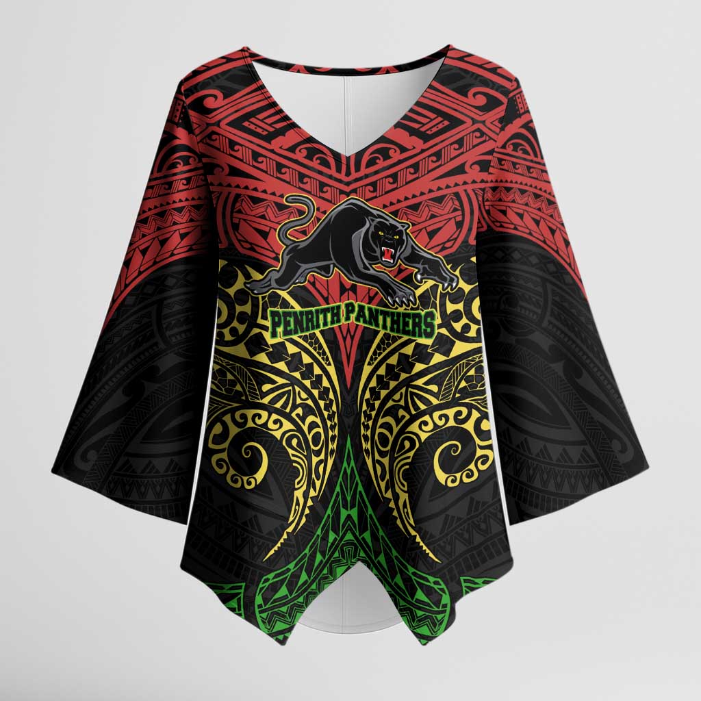 Personalized Penrith Panthers Kimono Sleeve Blouse Polynesian Tribal Pattern Style