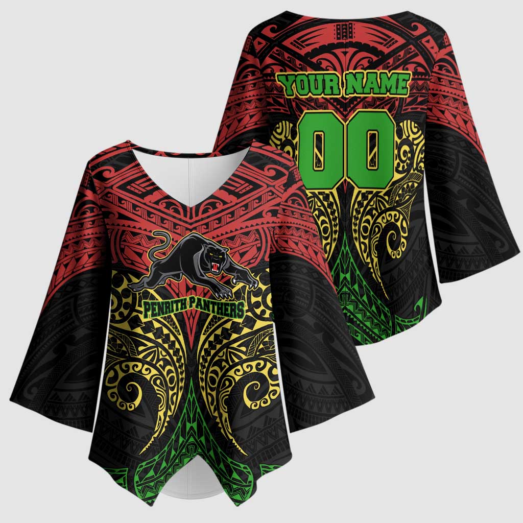 Personalized Penrith Panthers Kimono Sleeve Blouse Polynesian Tribal Pattern Style