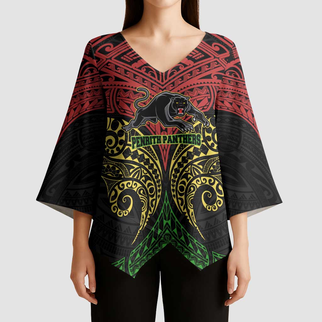 Personalized Penrith Panthers Kimono Sleeve Blouse Polynesian Tribal Pattern Style
