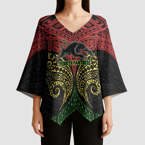 Personalized Penrith Panthers Kimono Sleeve Blouse Polynesian Tribal Pattern Style
