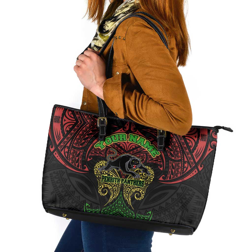 Personalized Penrith Panthers Leather Tote Bag Polynesian Tribal Pattern Style