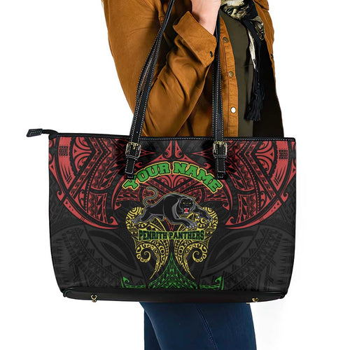Personalized Penrith Panthers Leather Tote Bag Polynesian Tribal Pattern Style