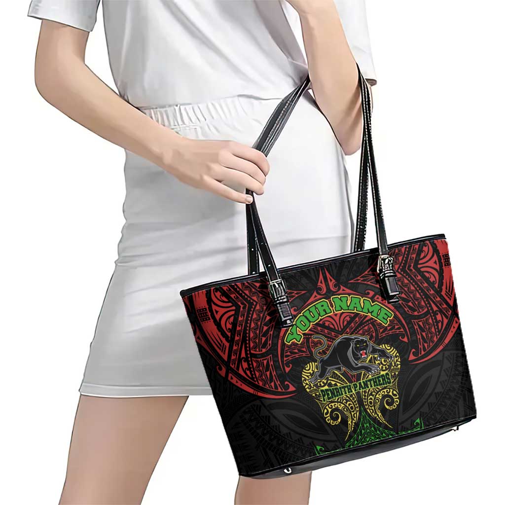 Personalized Penrith Panthers Leather Tote Bag Polynesian Tribal Pattern Style