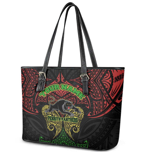 Personalized Penrith Panthers Leather Tote Bag Polynesian Tribal Pattern Style