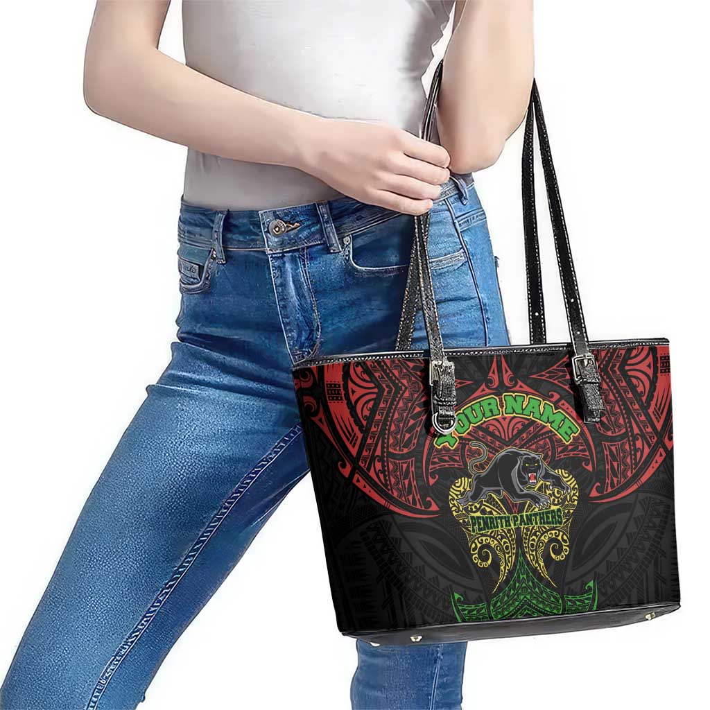 Personalized Penrith Panthers Leather Tote Bag Polynesian Tribal Pattern Style