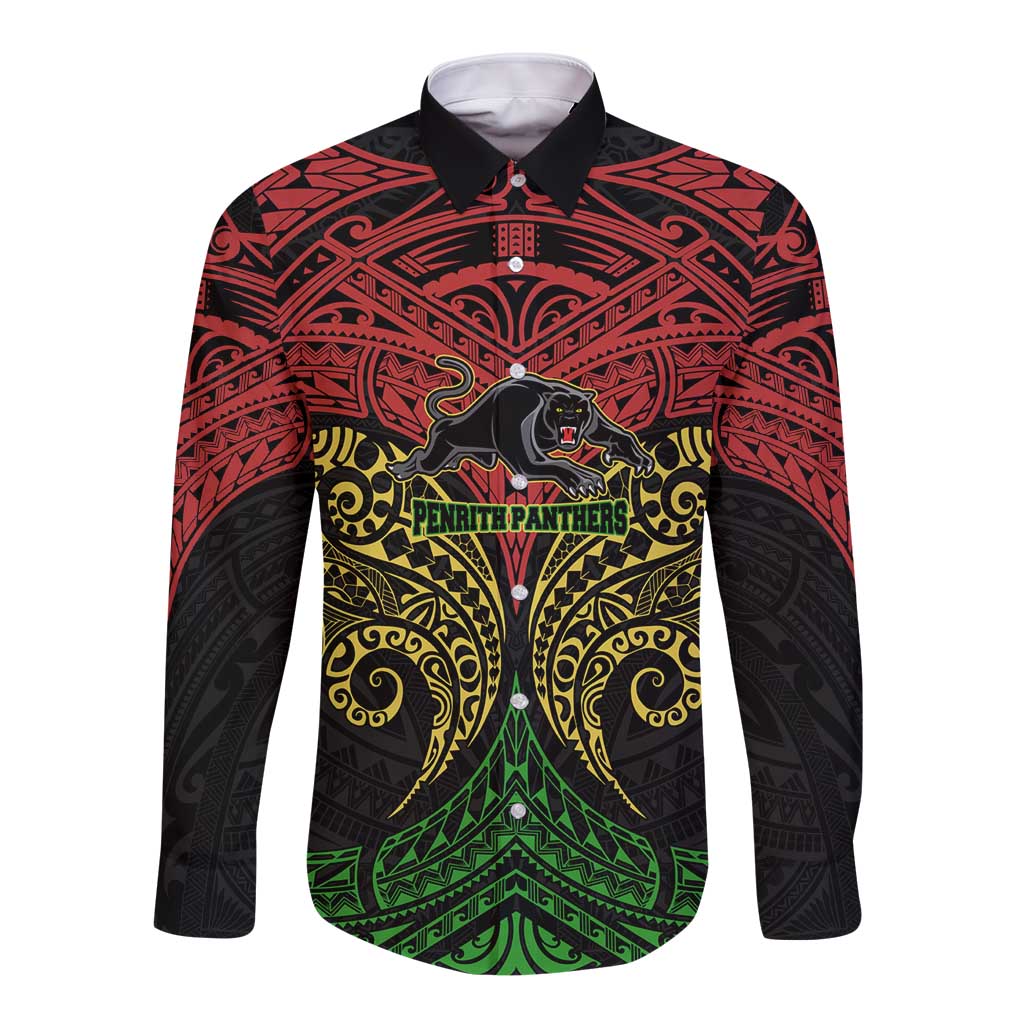 Personalized Penrith Panthers Long Sleeve Button Shirt Polynesian Tribal Pattern Style