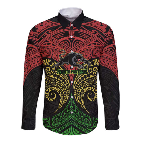 Personalized Penrith Panthers Long Sleeve Button Shirt Polynesian Tribal Pattern Style