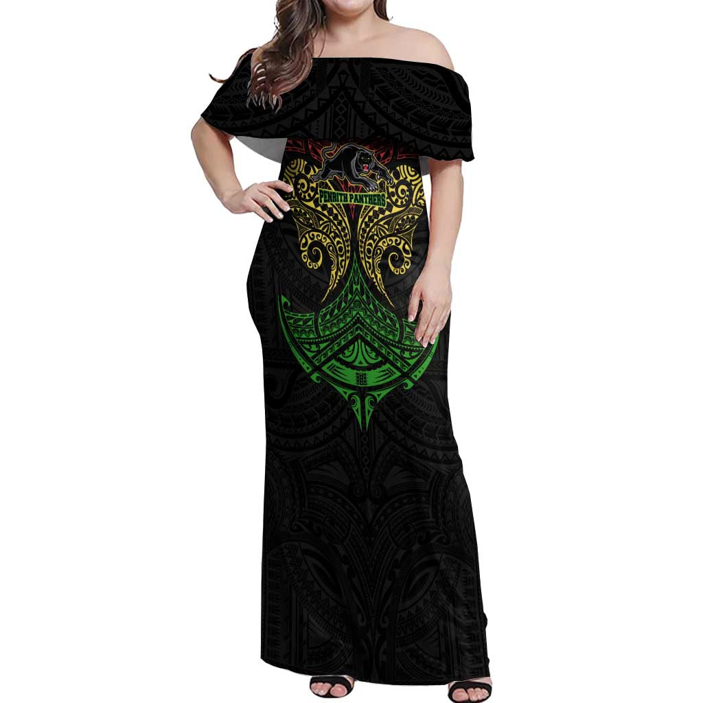 Personalized Penrith Panthers Off Shoulder Maxi Dress Polynesian Tribal Pattern Style