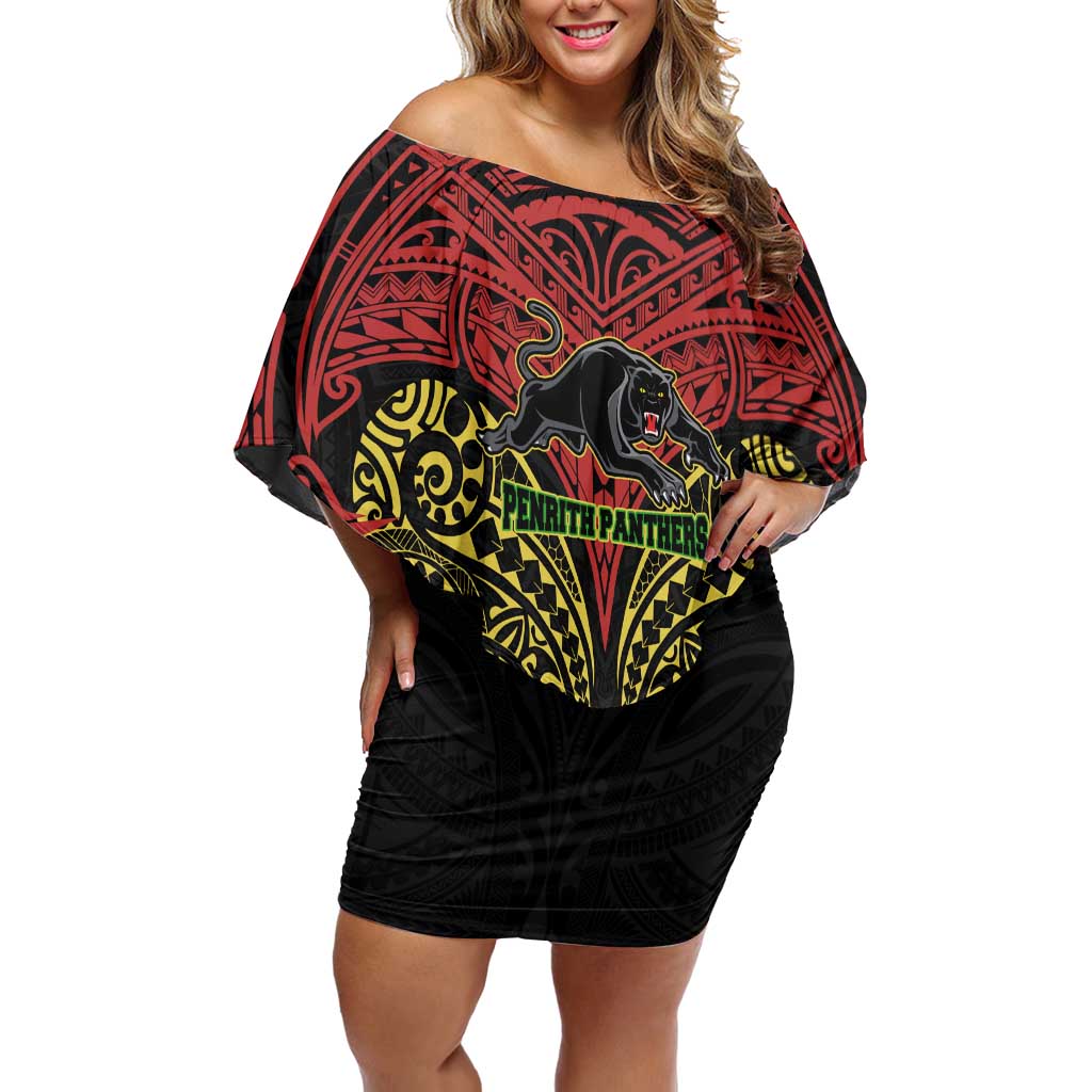 Personalized Penrith Panthers Off Shoulder Short Dress Polynesian Tribal Pattern Style