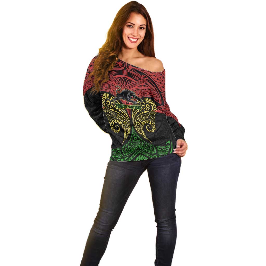 Personalized Penrith Panthers Off Shoulder Sweater Polynesian Tribal Pattern Style