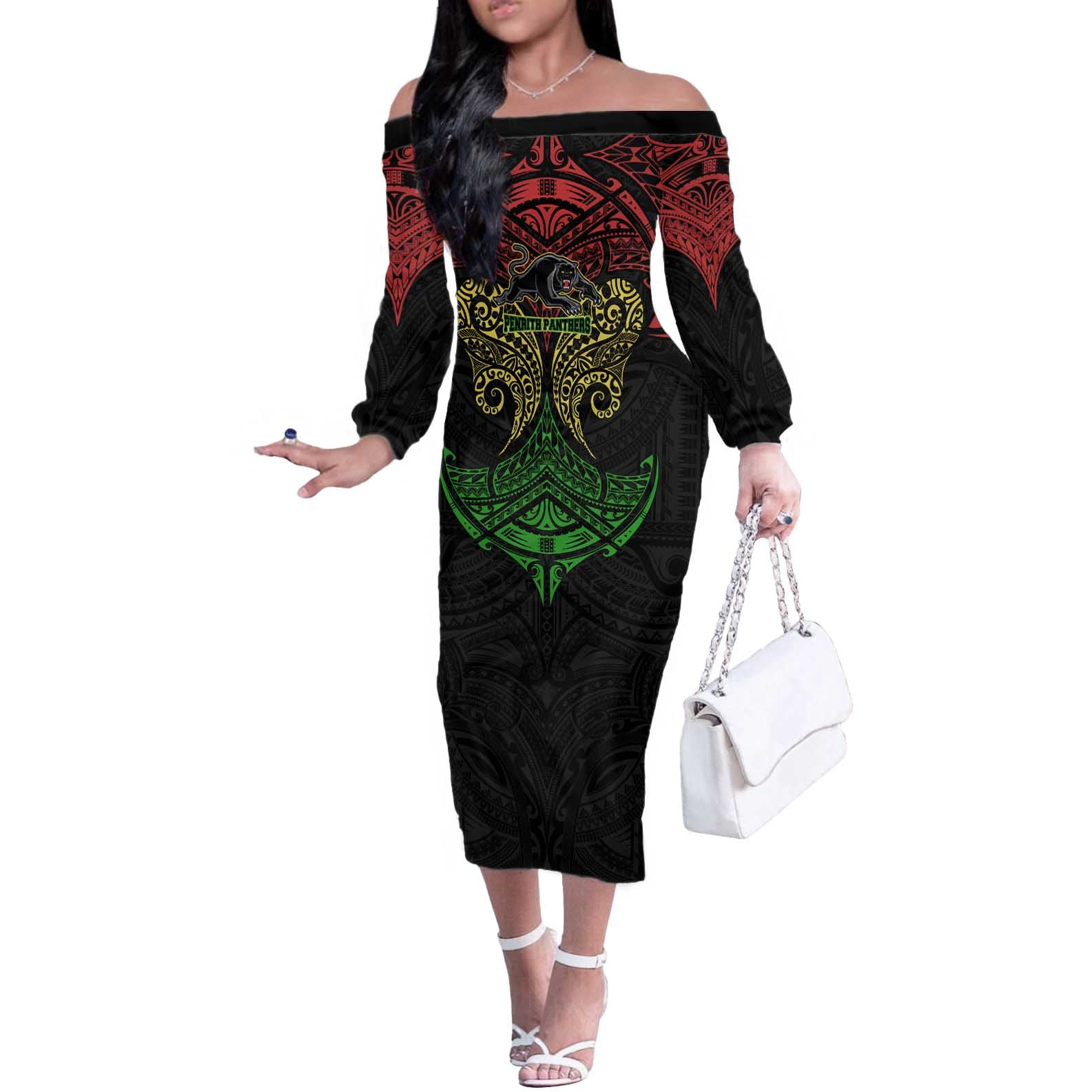 Personalized Penrith Panthers Off The Shoulder Long Sleeve Dress Polynesian Tribal Pattern Style