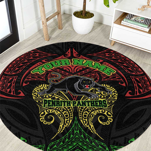 Personalized Penrith Panthers Round Carpet Polynesian Tribal Pattern Style