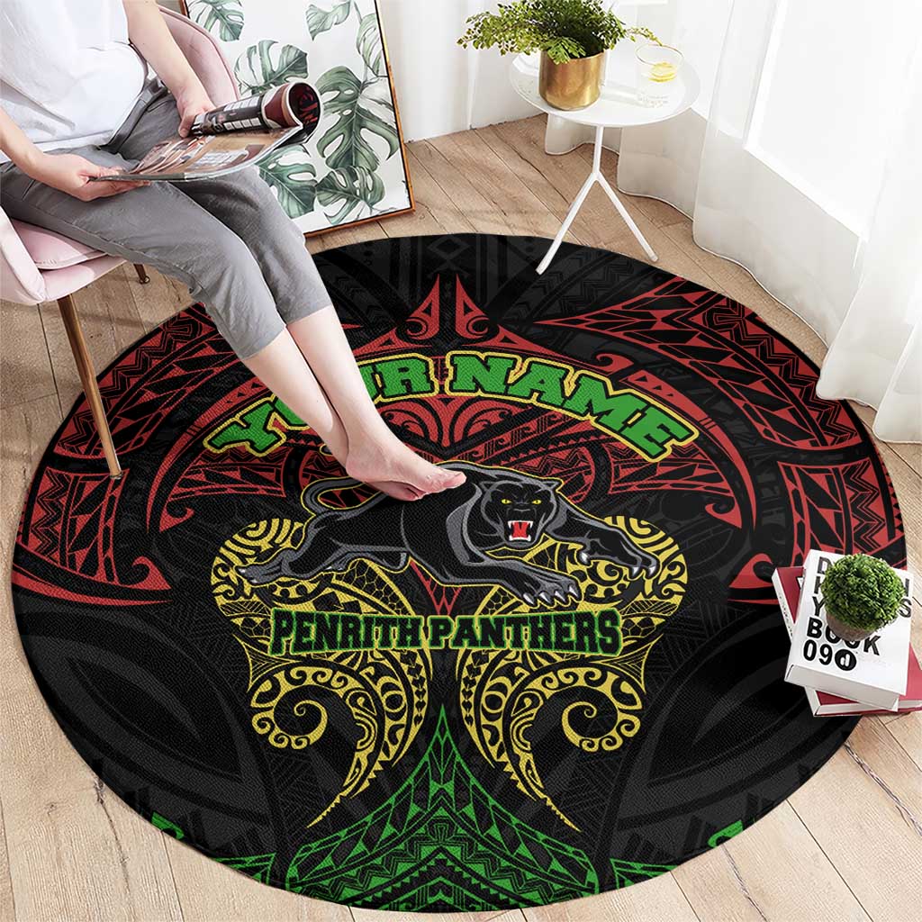Personalized Penrith Panthers Round Carpet Polynesian Tribal Pattern Style