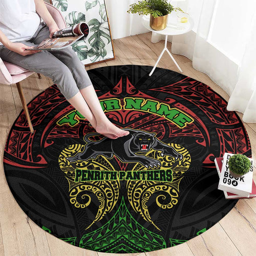 Personalized Penrith Panthers Round Carpet Polynesian Tribal Pattern Style