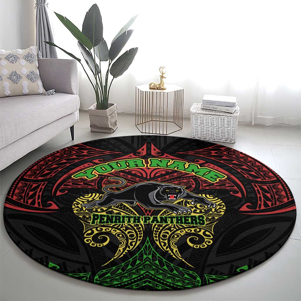 Personalized Penrith Panthers Round Carpet Polynesian Tribal Pattern Style