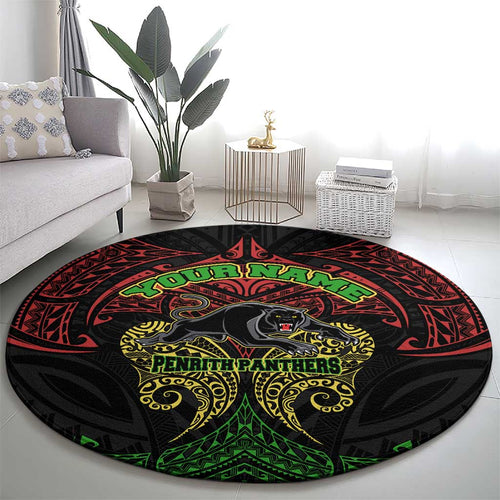 Personalized Penrith Panthers Round Carpet Polynesian Tribal Pattern Style