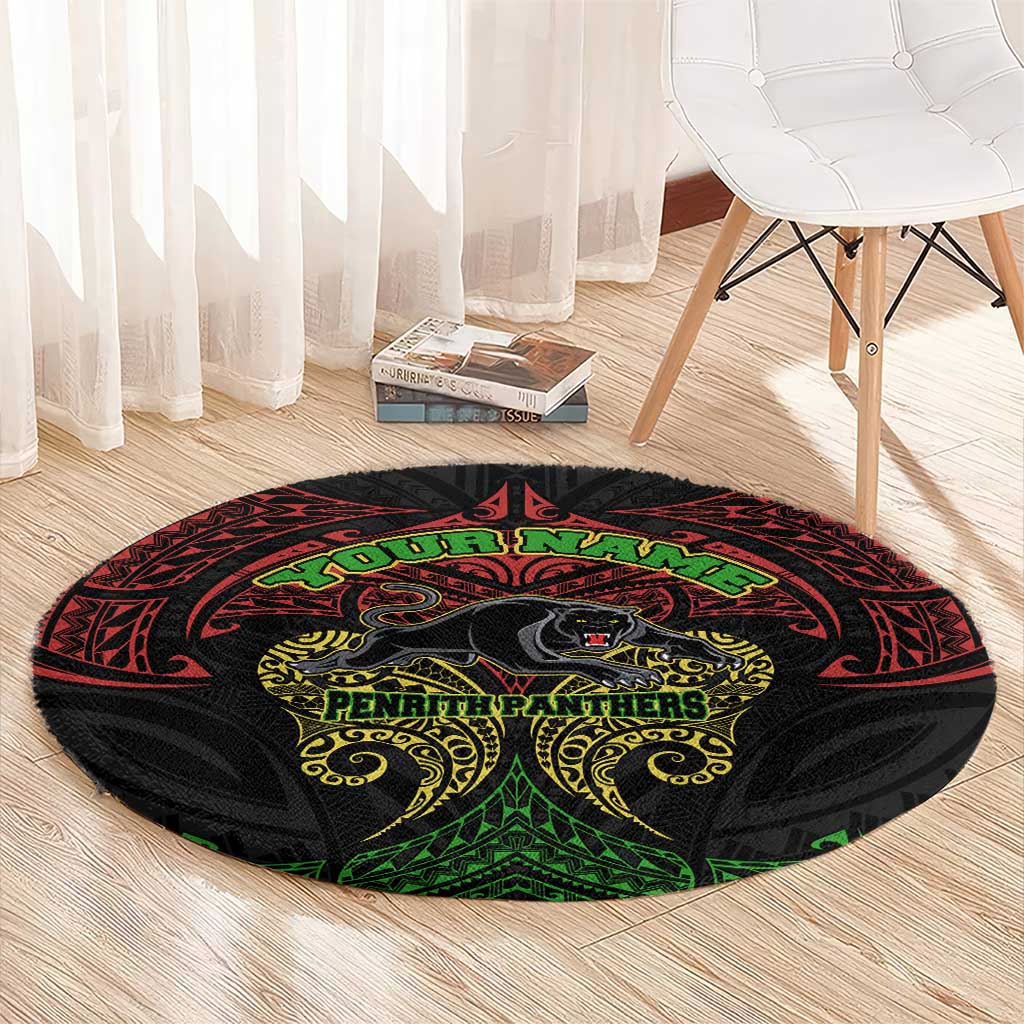 Personalized Penrith Panthers Round Carpet Polynesian Tribal Pattern Style