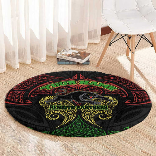 Personalized Penrith Panthers Round Carpet Polynesian Tribal Pattern Style