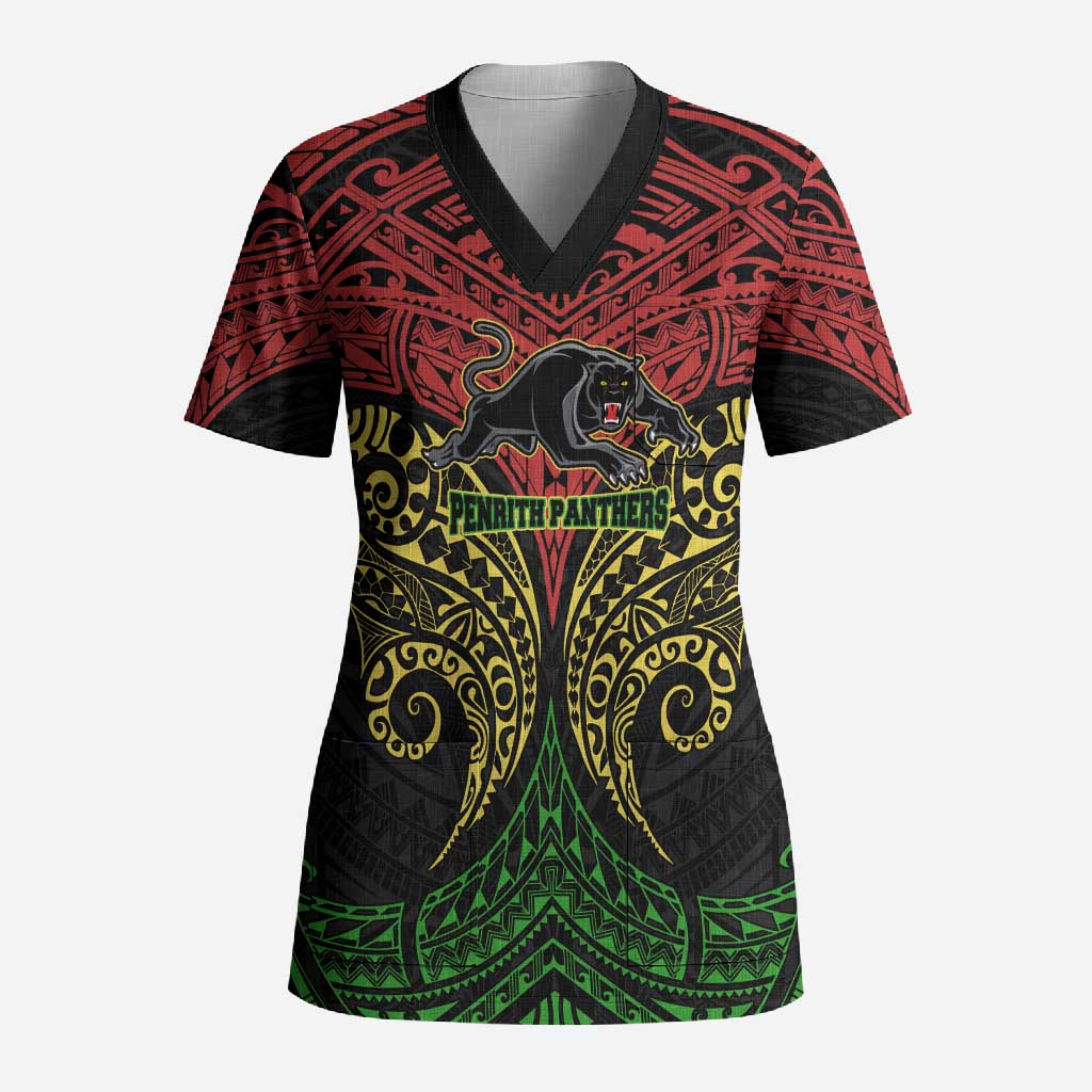 Personalized Penrith Panthers Scrub Top Polynesian Tribal Pattern Style
