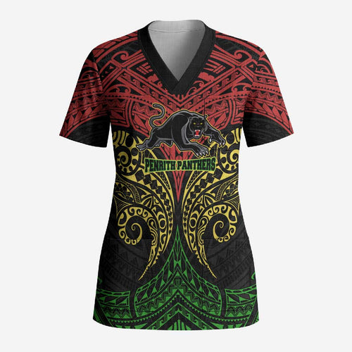 Personalized Penrith Panthers Scrub Top Polynesian Tribal Pattern Style