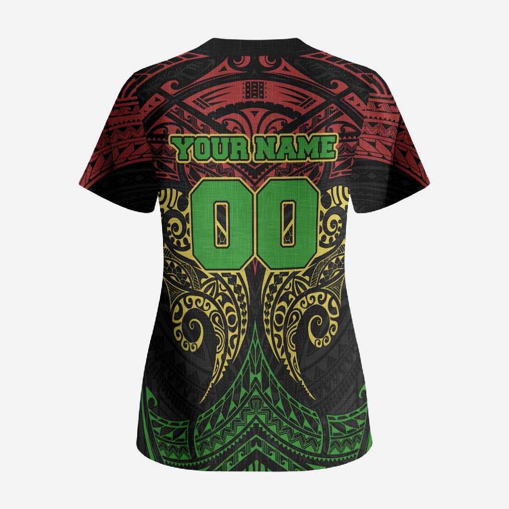 Personalized Penrith Panthers Scrub Top Polynesian Tribal Pattern Style