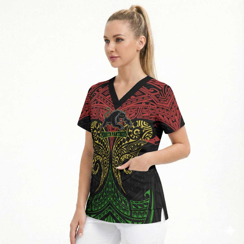 Personalized Penrith Panthers Scrub Top Polynesian Tribal Pattern Style