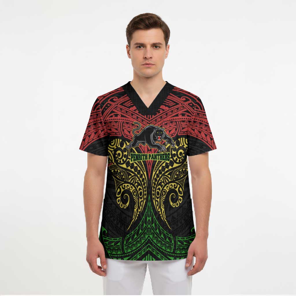 Personalized Penrith Panthers Scrub Top Polynesian Tribal Pattern Style