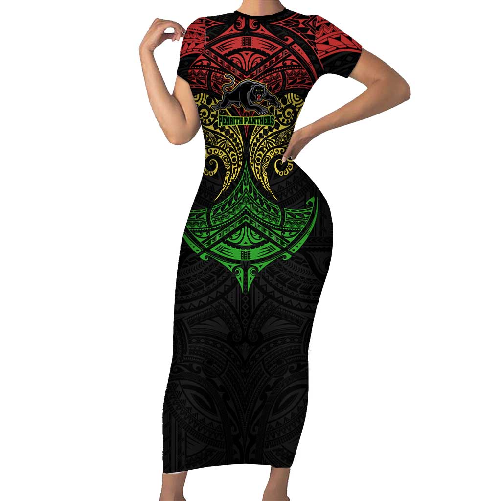Personalized Penrith Panthers Short Sleeve Bodycon Dress Polynesian Tribal Pattern Style