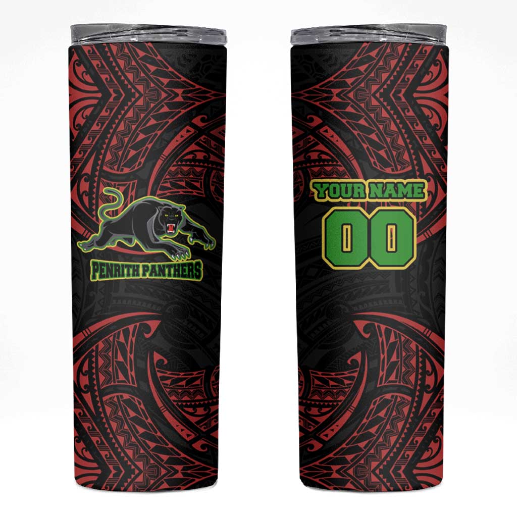 Personalized Penrith Panthers Skinny Tumbler Polynesian Tribal Pattern Style
